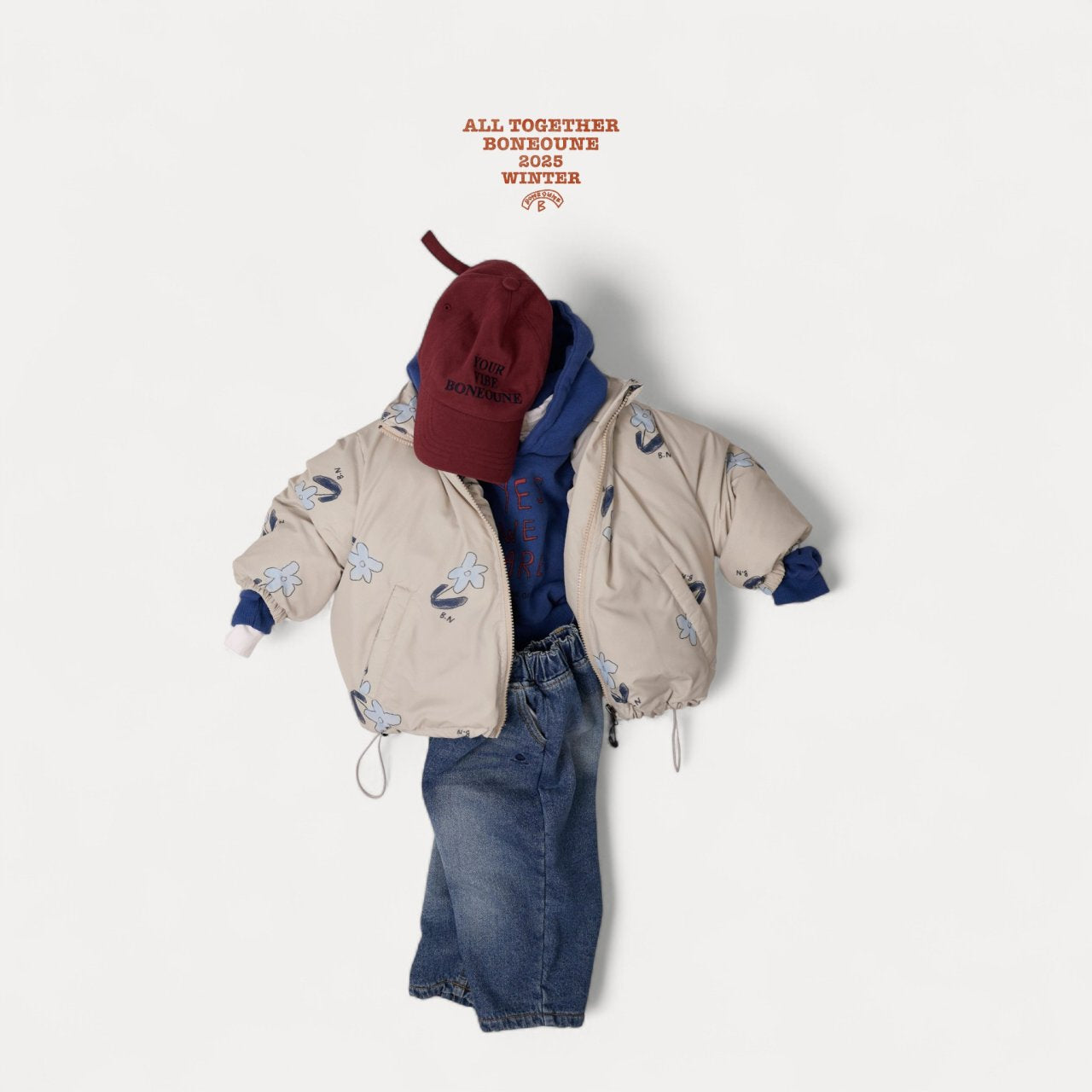 [BONEOUNE] Blue Flower Duck Down Jacket_Cream