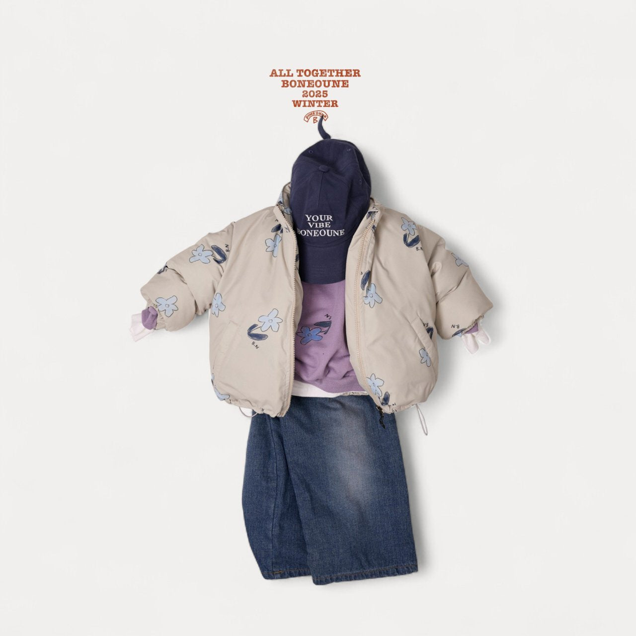 [BONEOUNE] Blue Flower Duck Down Jacket_Cream