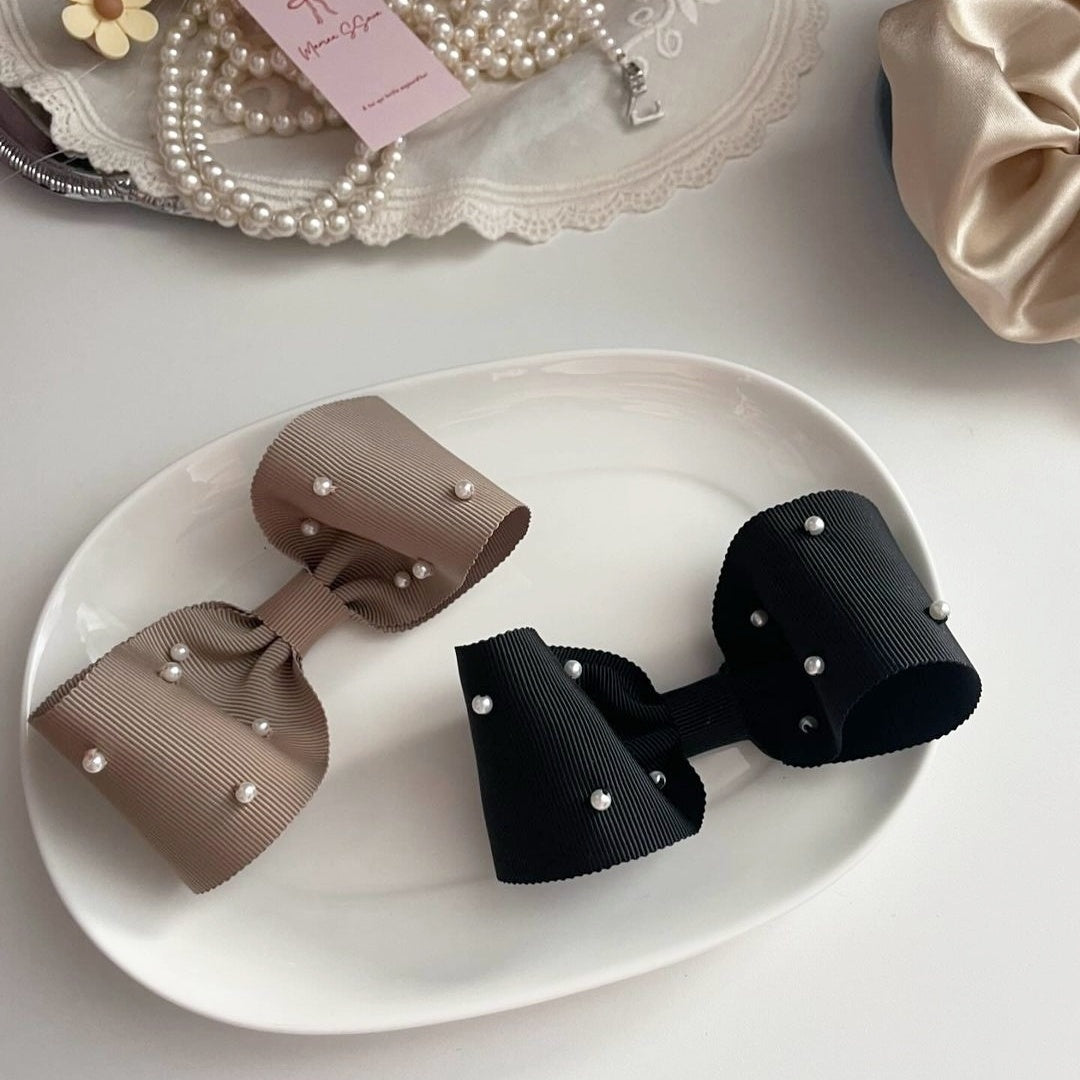 [Maman SSura] Pearls on big bow hairpin_ivory,black,beige